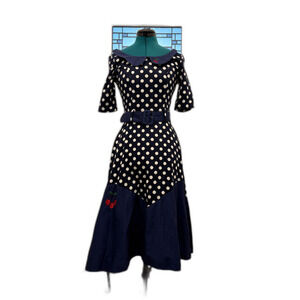 Collectif navy white polka dot swing dress with embroidered cherries